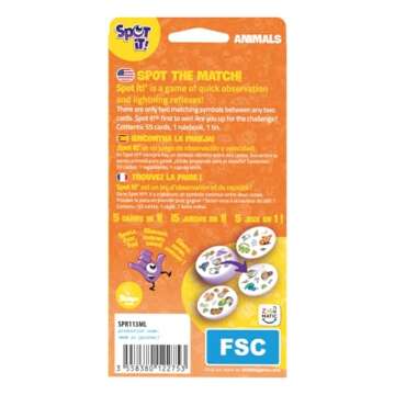 Zygomatic Spot It! Animals (2024 Refresh) - Eco-Blister Edition, 5-in-1 Visual Perception Game for Q...