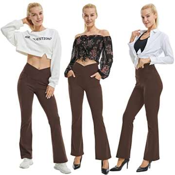 FireSwan Womens Crossover Flare Leggings with Pockets Bootcut High Waisted Yoga Pants Tummy Control Gym Workout Work Pants Brown