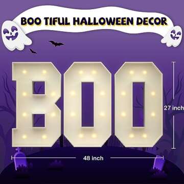 imprsv 2.25 FT Halloween Decorations, White Halloween Lights Up Letters Boo for Halloween Party Decoration, Halloween Lights Backdrop Indoor, Scary Cute Spooky Halloween Decor with Halloween Stickers