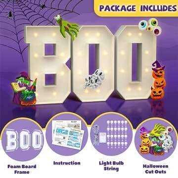 imprsv 2.25 FT Halloween Decorations, White Halloween Lights Up Letters Boo for Halloween Party Decoration, Halloween Lights Backdrop Indoor, Scary Cute Spooky Halloween Decor with Halloween Stickers
