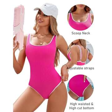 BMJL Women's One Piece Swimsuit Sports Adjustable Strap Bathing Suit Color Block Ribbed High Cut Swimsuits(S,Hot Pink)