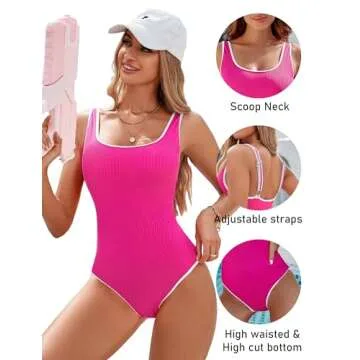 BMJL Women's One Piece Swimsuit Sports Adjustable Strap Bathing Suit Color Block Ribbed High Cut Swimsuits(S,Hot Pink)
