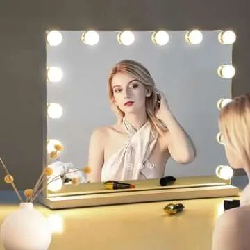 MKupView Vanity Mirror with Lights 22.8" x 18.2" White Makeup Mirror Hollywood Mirror with 15 Dimmable LED Bulbs 3 Color Modes 10X Magnification & USB Charging Port Mirror for Bathroom or Wall-Mounted