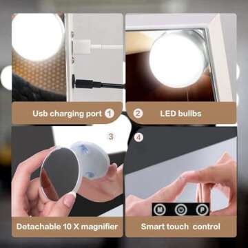 MKupView Vanity Mirror with Lights 22.8" x 18.2" White Makeup Mirror Hollywood Mirror with 15 Dimmable LED Bulbs 3 Color Modes 10X Magnification & USB Charging Port Mirror for Bathroom or Wall-Mounted