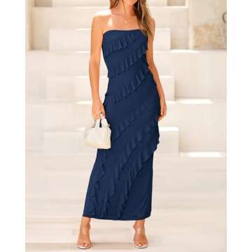 BTFBM Women's Summer Long Formal Wedding Guest Dress Cocktail Dress Strapless Tube Ruffle Maxi Bodyc...