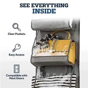 ZOBER Purse Organizer for Closet - Over The Door Purse Organizer W/ 6 Pockets for Easy Purse Storage - Durable Metal Hooks - Purse Rack W/Clear Pockets - Gray (2 Pack)