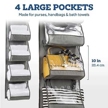 ZOBER Purse Organizer for Closet - Over The Door Purse Organizer W/ 6 Pockets for Easy Purse Storage - Durable Metal Hooks - Purse Rack W/Clear Pockets - Gray (2 Pack)