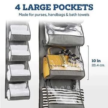 ZOBER Purse Organizer for Closet - Over The Door Purse Organizer W/ 6 Pockets for Easy Purse Storage - Durable Metal Hooks - Purse Rack W/Clear Pockets - Gray (2 Pack)
