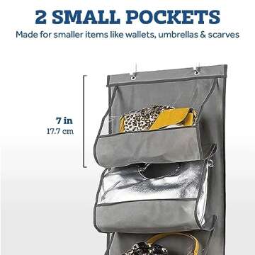 ZOBER Purse Organizer for Closet - Over The Door Purse Organizer W/ 6 Pockets for Easy Purse Storage - Durable Metal Hooks - Purse Rack W/Clear Pockets - Gray (2 Pack)