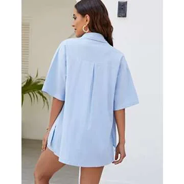 COZYPOIN Women 2 Piece Outfits Cotton Linen Short Sleeve Button Down Shirt Blouse and Shorts Set Tracksuits(LightBlue-M)
