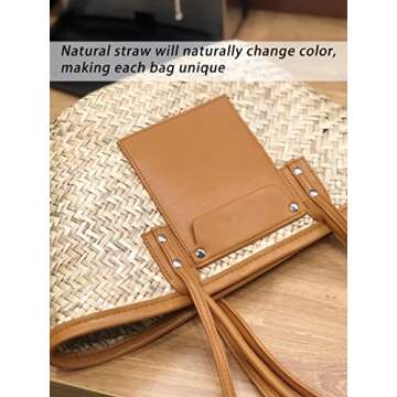 JAYAVENTURA Straw Basket Tote Bag for Women PU Leather Strap Hollow Out Woven Top Handle Straw Purses and Handbags Summer Beach (Brown)