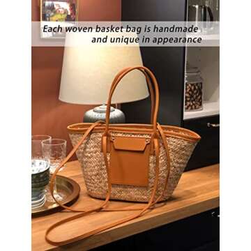 JAYAVENTURA Straw Basket Tote Bag for Women PU Leather Strap Hollow Out Woven Top Handle Straw Purses and Handbags Summer Beach (Brown)