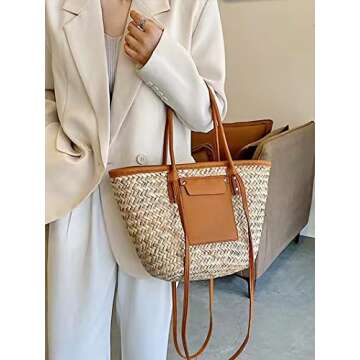 JAYAVENTURA Straw Basket Tote Bag for Women PU Leather Strap Hollow Out Woven Top Handle Straw Purses and Handbags Summer Beach (Brown)