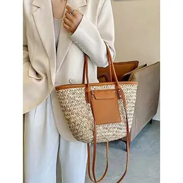 JAYAVENTURA Straw Basket Tote Bag for Women PU Leather Strap Hollow Out Woven Top Handle Straw Purses and Handbags Summer Beach (Brown)