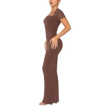 REORIA Womens Summer Ribbed Bodycon Maxi Dress Short Sleeve Sexy Casual Sqaure Neck Lace Fitted Long...