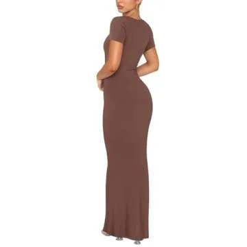 REORIA Womens Summer Ribbed Bodycon Maxi Dress Short Sleeve Sexy Casual Sqaure Neck Lace Fitted Long Dresses Formal Coffee Medium