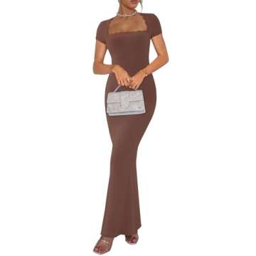 REORIA Womens Summer Ribbed Bodycon Maxi Dress Short Sleeve Sexy Casual Sqaure Neck Lace Fitted Long Dresses Formal Coffee Medium