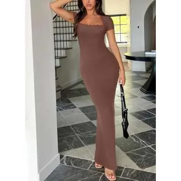 REORIA Womens Summer Ribbed Bodycon Maxi Dress Short Sleeve Sexy Casual Sqaure Neck Lace Fitted Long Dresses Formal Coffee Medium