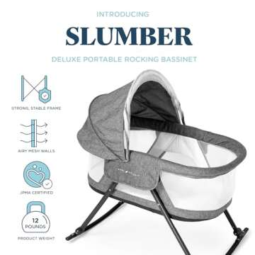 Baby Delight Go with Me Slumber Deluxe Rocking Bassinet, Portable Baby Bassinet, Removeable Canopy, Charcoal Tweed