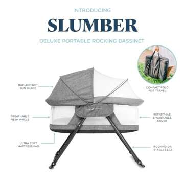 Baby Delight Go with Me Slumber Deluxe Rocking Bassinet, Portable Baby Bassinet, Removeable Canopy, Charcoal Tweed