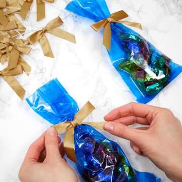 Juvale 100-Pack Twist Tie Bows for Crafts, Pre-Tied Satin Ribbon for Christmas Gift Wrap Bags, Party Favors, Baked Goods, Cookies, Mini Bowties for Hair Decorations (2.5x3 in, Metallic Gold)