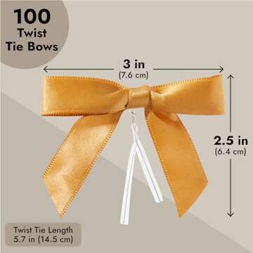 Juvale 100-Pack Twist Tie Bows for Crafts, Pre-Tied Satin Ribbon for Christmas Gift Wrap Bags, Party Favors, Baked Goods, Cookies, Mini Bowties for Hair Decorations (2.5x3 in, Metallic Gold)