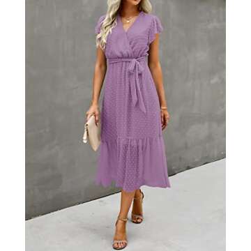 BTFBM Women Summer Bohemian Floral Casual Wrap V Neck Ruffle Cap Sleeveless Belt A-Line Pleated Hem Swing Midi Sun Dress (Swiss Dot Purple, X-Large)