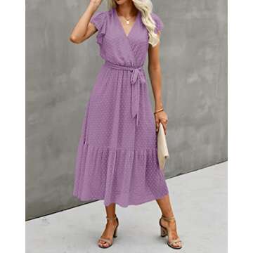 BTFBM Women Summer Bohemian Floral Casual Wrap V Neck Ruffle Cap Sleeveless Belt A-Line Pleated Hem Swing Midi Sun Dress (Swiss Dot Purple, X-Large)