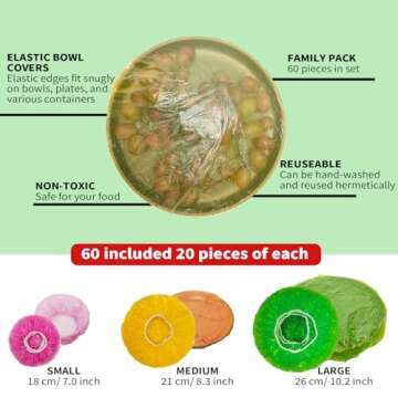 NEPAK 60 Pcs Bowl Covers Reusable, 3 Sizes Plastic Food Covers, Elastic Film Fits Most Plates and Di...