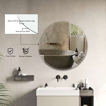 PANDEELS Frameless Round Mirror - 20 Inch Circle Mirror - 1" Beveled Polished Edge - Hanging Wall Mounted Decorative for Bathroom, Living Room, Bedroom, Entryway