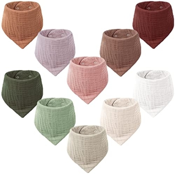 Konssy Muslin Baby Bibs 10 Pack Baby Bandana Drool Bibs 100% Cotton for Unisex Boys Girls,10 Solid C...