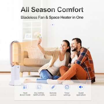 Ocean Loong 1500W Space Heater and Bladeless Fan for Bedroom, Ceramic Heater with Thermostat, Dump Switch, Remote Control, Timer, Oscillation and Tilt Head, AB01H-Pro, 29 Inch (White)