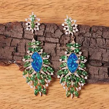 Anjistouch 1.25 Carat Natural Diamond Pave Tsavorite & Opal Set in Solid 14k Yellow Gold Dangle Earrings Fine Jewelry For Women