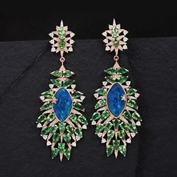 Anjistouch 1.25 Carat Natural Diamond Pave Tsavorite & Opal Set in Solid 14k Yellow Gold Dangle Earrings Fine Jewelry For Women
