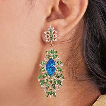 Anjistouch 1.25 Carat Natural Diamond Pave Tsavorite & Opal Set in Solid 14k Yellow Gold Dangle Earrings Fine Jewelry For Women