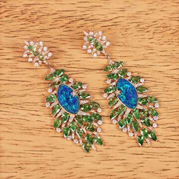 Anjistouch 1.25 Carat Natural Diamond Pave Tsavorite & Opal Set in Solid 14k Yellow Gold Dangle Earrings Fine Jewelry For Women