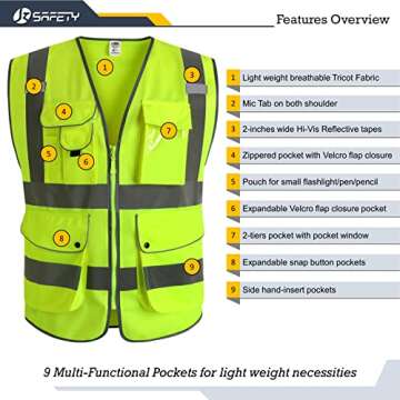 JKSafety High Visibility 9 Pockets Safety Vest (X-Large, Yellow)