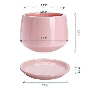 POTEY Ceramic Plant Pot Flower Planters - 5.9” with Drainage Hole Saucer Medium Pots for Indoor Plant - Enough Space - Light Pink