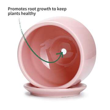 POTEY Ceramic Plant Pot Flower Planters - 5.9” with Drainage Hole Saucer Medium Pots for Indoor Plant - Enough Space - Light Pink