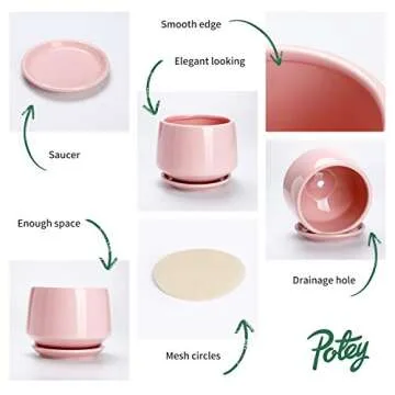 POTEY Ceramic Plant Pot Flower Planters - 5.9” with Drainage Hole Saucer Medium Pots for Indoor Plant - Enough Space - Light Pink