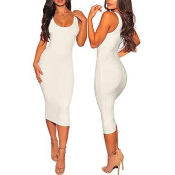 Women's Sexy Bodycon Tank Dresses Sleeveless Ribbed Knit Midi Club Dresses White-a