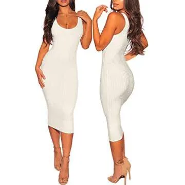 Women's Sexy Bodycon Tank Dresses Sleeveless Ribbed Knit Midi Club Dresses White-a
