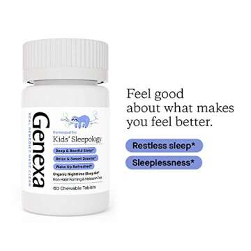 Genexa Kid's Sleepology | Melatonin Free Childrens Sleep Aid |Soothing Natural Vanilla & Lavender Flavor | Certified Organic & Non-GMO | Homeopathic Remedy Made Clean | 60 Chewable Tablets