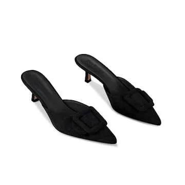 Fericzot Mule Slippers for Women,Slingback Buckle Pumps Pointed Toe Kitten Heels Shoes Slides Backless Dress Sandals Black 10