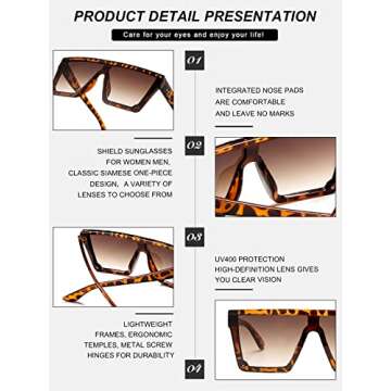 SeeBand Square Oversized Sunglasses for Women Men Fashion Flat Top Mirror Sunnies Vintage Shades Goggle Siamese Lens Big Thick Frame (Leopard/Gradient Brown)