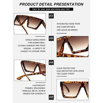 SeeBand Square Oversized Sunglasses for Women Men Fashion Flat Top Mirror Sunnies Vintage Shades Goggle Siamese Lens Big Thick Frame (Leopard/Gradient Brown)