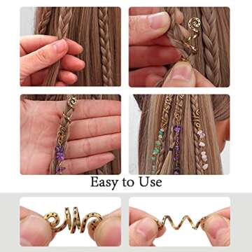 Vinswet Colored Natural Stone Tassels Hair Jewelry for Braids,Crystal Loc Dreadlock Accessories Gold Hair Spirals Gems Charms for Women Girls(pack of 6)