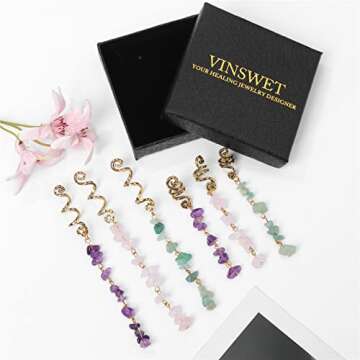 Vinswet Colored Natural Stone Tassels Hair Jewelry for Braids,Crystal Loc Dreadlock Accessories Gold Hair Spirals Gems Charms for Women Girls(pack of 6)