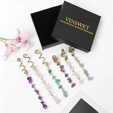 Vinswet Colored Natural Stone Tassels Hair Jewelry for Braids,Crystal Loc Dreadlock Accessories Gold Hair Spirals Gems Charms for Women Girls(pack of 6)