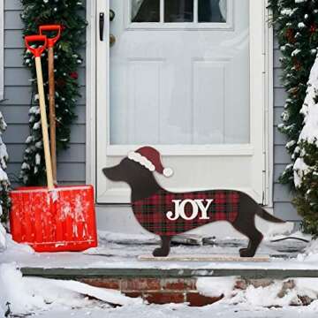 Glitzhome 21.93" L Wooden Metal Dachshund Standing Front Door Porch Sign Christmas Welcome Sign Outdoor Indoor Welcome Joy Sign Xmas Holiday Decorations